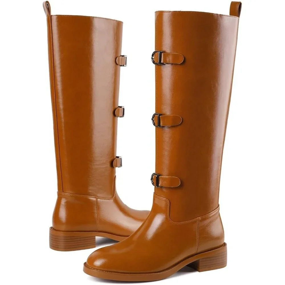 Women's C-brown Round Toe Wide Calf Chunky Low Heel Pull Knee High Boots Rubber